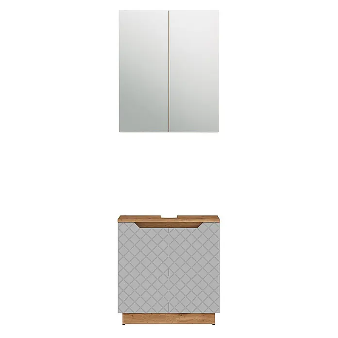 Vicco Badmöbel-Set Lotta Grau 2 Teile - Grau, Matt - Badezimmerset: Spiegelschrank und Waschtisch mit Holzoptik-Platte und Sockel sowie hellgrauen Mustertüren.