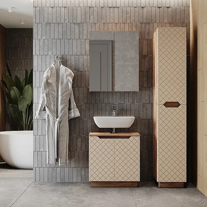 Vicco Badmöbel-Set Lotta Cashmere 3 Teile - Cashmere, Matt - Beige Badezimmereinrichtung mit Rautenmuster, Holzplatte, Aufsatzwaschbecken und passendem Hochschrank im modernen Bad.