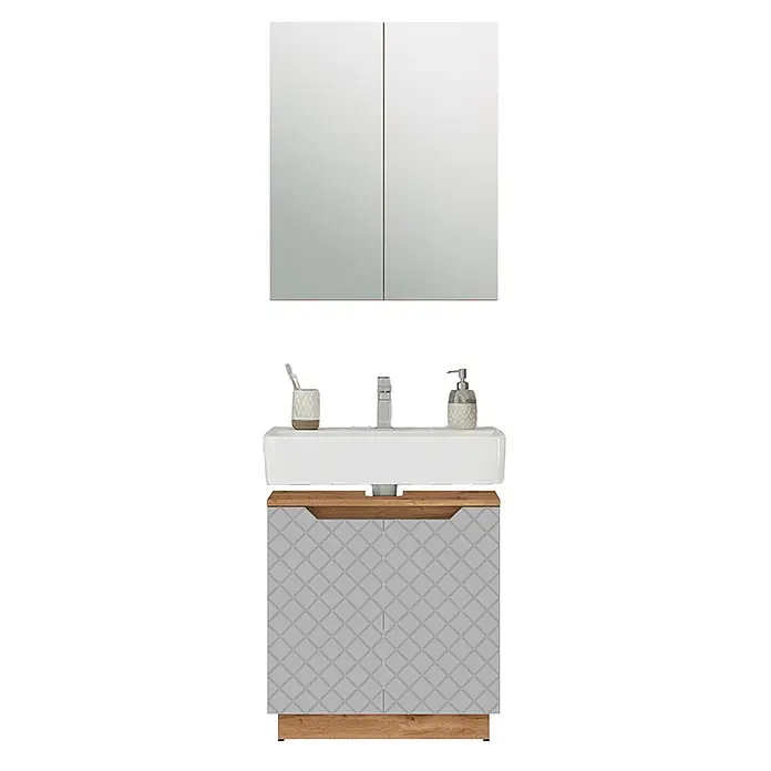 Vicco Badmöbel-Set Lotta Grau 2 Teile - Grau, Matt - Weißes Badezimmer-Waschtischset mit Spiegelschrank, rechteckigem Waschbecken, Chromarmatur und grauem Schrank mit Rautenmuster auf Holzsockel.