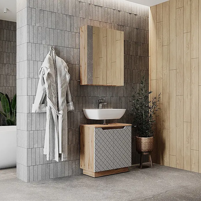 Vicco Badmöbel-Set Lotta Grau 2 Teile - Grau, Matt - Modernes Badmöbel-Set: Waschtischunterschrank aus hellem Holz mit geometrischem Muster, Aufsatzwaschbecken und passendem Holz-Spiegelschrank.