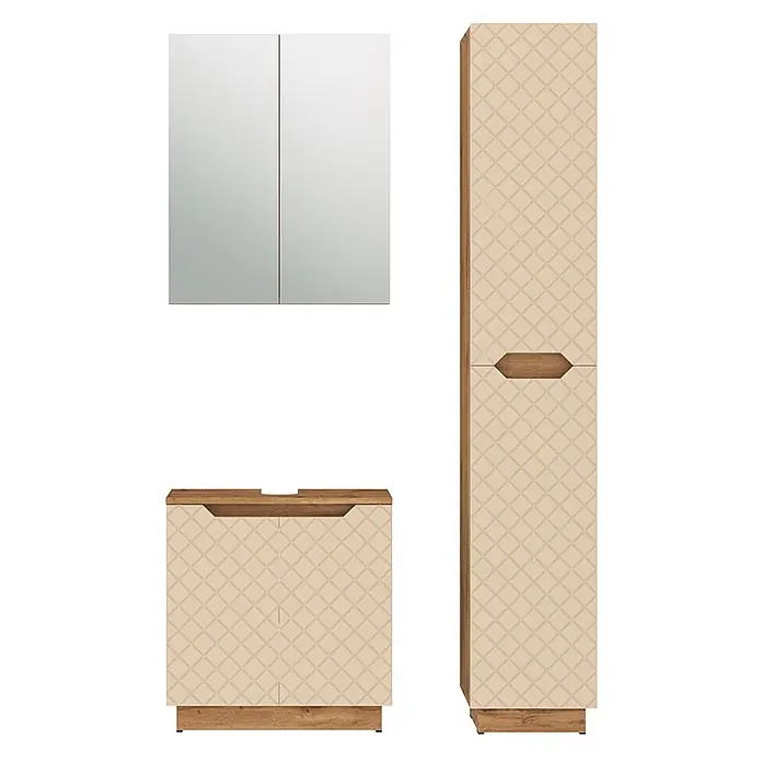 Vicco Badmöbel-Set Lotta Cashmere 3 Teile - Cashmere, Matt - Badezimmermöbel-Set: Spiegelschrank, Waschtischunterschrank und Hochschrank in hellem Beige mit Rautenmuster und Holzoptik-Akzenten.