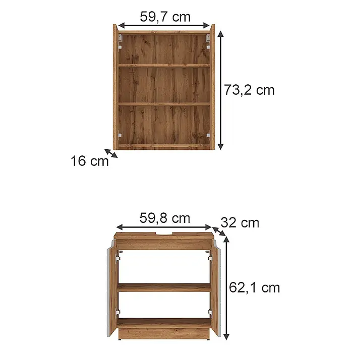 Vicco Badmöbel-Set Lotta Grau 2 Teile - Grau, Matt - Zwei braune Schrankmodule in Holzoptik mit Regalböden, detailliert mit Maßen.