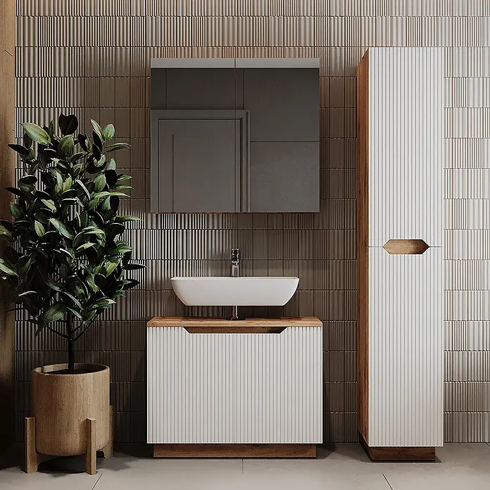 Vicco Badmöbel-Set Lotta Weiß 3 Teile - Weiß, Matt - Moderne weiße geriffelte Waschtischunterschrank mit Holzplatte und passender Hochschrank.