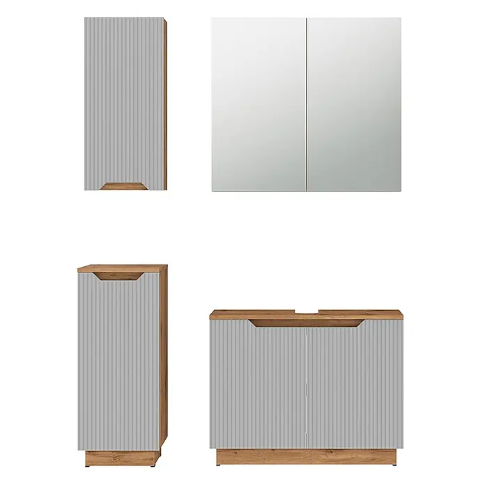Vicco Badmöbel-Set Lotta Grau 4 Teile - Grau, Matt - Set hellgrauer geriffelter Badschränke mit hellen Holzrahmen und -platten, bestehend aus Hochschrank, Spiegelschrank und Waschtischunterschrank.