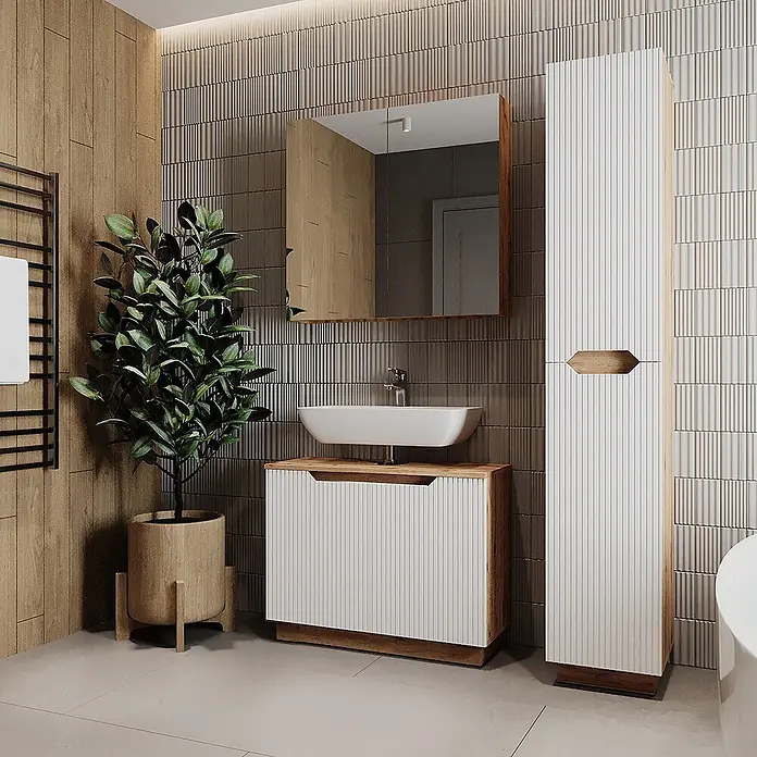 Vicco Badmöbel-Set Lotta Weiß 3 Teile - Weiß, Matt - Modernes Bad: weißer geriffelter Waschtisch mit Holzplatte/Akzenten, passender Hochschrank, Aufsatzwaschbecken.