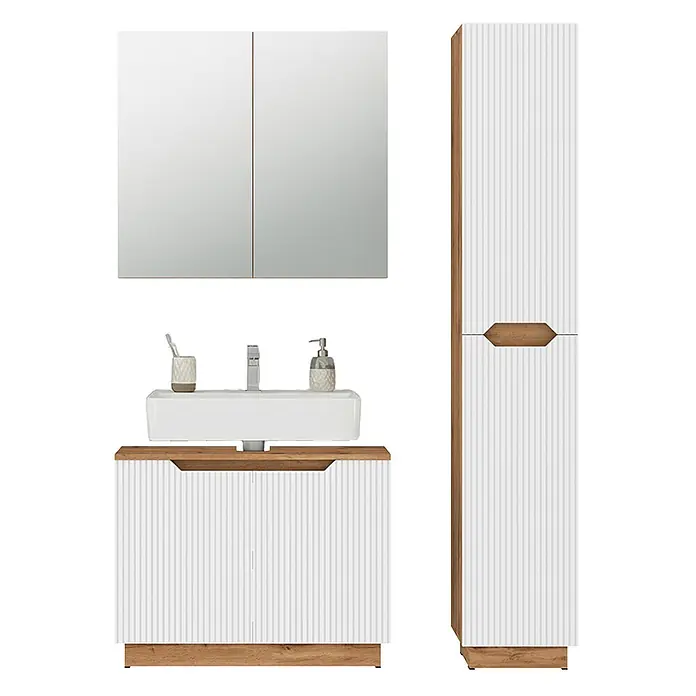 Vicco Badmöbel-Set Lotta Weiß 3 Teile - Weiß, Matt - Weißes geriffeltes Badmöbel-Set mit Holz-Akzenten, inklusive Waschtischunterschrank mit Waschbecken, Spiegelschrank und Hochschrank.