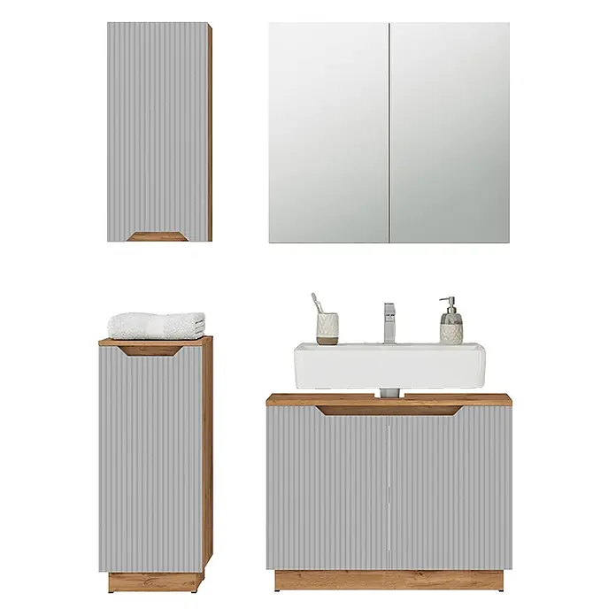 Vicco Badmöbel-Set Lotta Grau 4 Teile - Grau, Matt - Badezimmermöbel-Set mit hellgrauen gerippten Fronten und Holzdetails, bestehend aus Spiegelschrank, Hochschrank und Waschtischunterschrank.