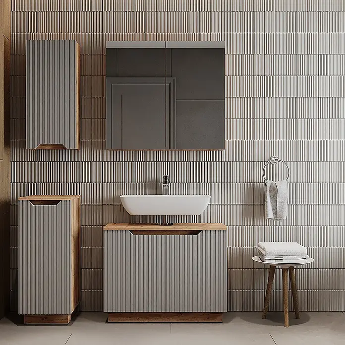 Vicco Badmöbel-Set Lotta Grau 4 Teile - Grau, Matt - Moderne graue geriffelte Badmöbel mit natürlichen Holzapplikationen, bestehend aus Waschtischunterschrank, Hochschrank und Wandschrank.