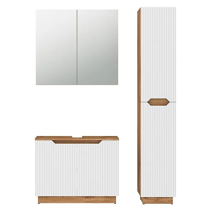 Vicco Badmöbel-Set Lotta Weiß 3 Teile - Weiß, Matt - Weißes geriffeltes Badmöbel-Set mit Holzoptik-Akzenten: Spiegelschrank, Waschtischunterschrank und Hochschrank.