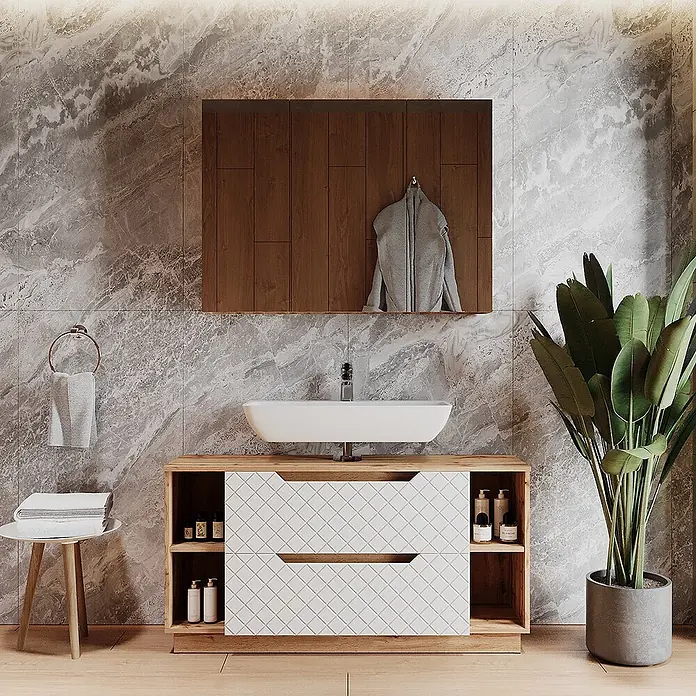 Vicco Badmöbel-Set Lotta Weiß 2 Teile - Weiß, Matt - Moderner Badschrank mit hellem Holzrahmen, weißen gemusterten Schubladen und einem weißen Aufsatzwaschbecken.