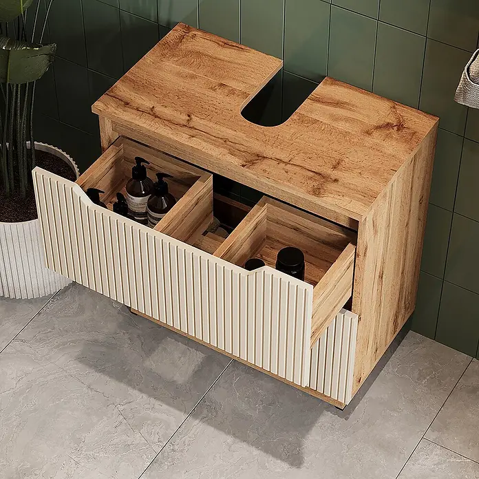Vicco Badmöbel-Set Lotta Cashmere 2 Teile - Cashmere, Matt - Waschtischunterschrank aus Holz mit heller Holzoptik und cremefarbenen Lamellenfronten. Die beiden Schubladen sind offen und zeigen Stauraum.