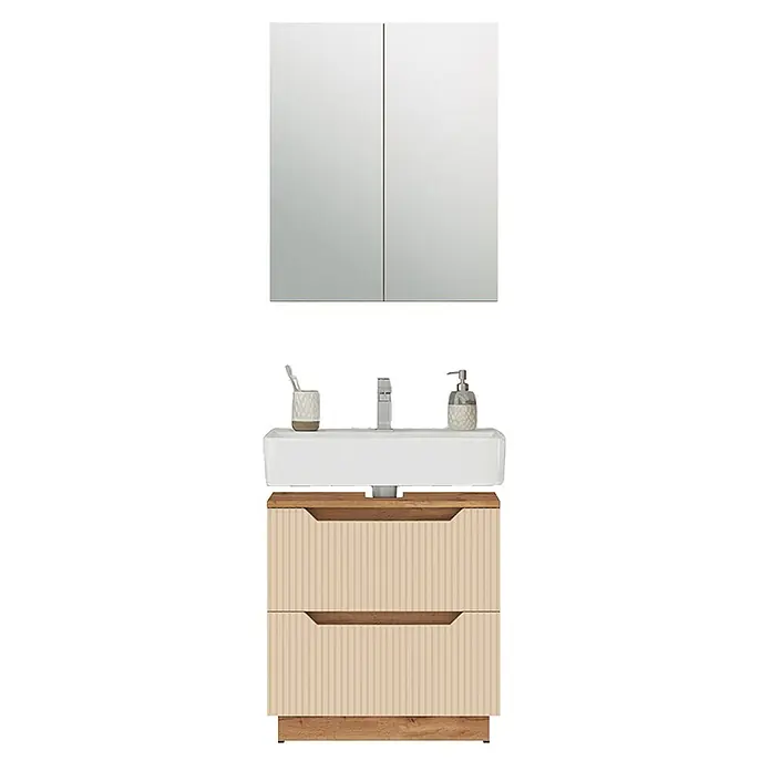 Vicco Badmöbel-Set Lotta Cashmere 2 Teile - Cashmere, Matt - Badezimmer-Waschtischset mit Spiegelschrank, weißem Waschbecken und hellbeigem, vertikal gestreiftem Unterschrank mit Holzdetails.