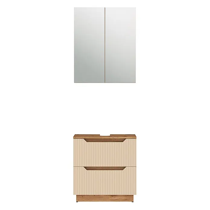 Vicco Badmöbel-Set Lotta Cashmere 2 Teile - Cashmere, Matt - Zweiteiliges Badmöbel-Set mit silbernem Spiegelschrank und beigefarbenem, gestreiftem Waschtischunterschrank mit Holzplatte, -sockel und integrierten Holzgriffen.