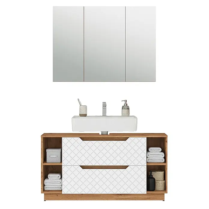 Vicco Badmöbel-Set Lotta Weiß 2 Teile - Weiß, Matt - Hölzerner Badunterschrank mit weiß gemusterten Schubladen, einem weißen Waschbecken und einem dreifachen Spiegelschrank.