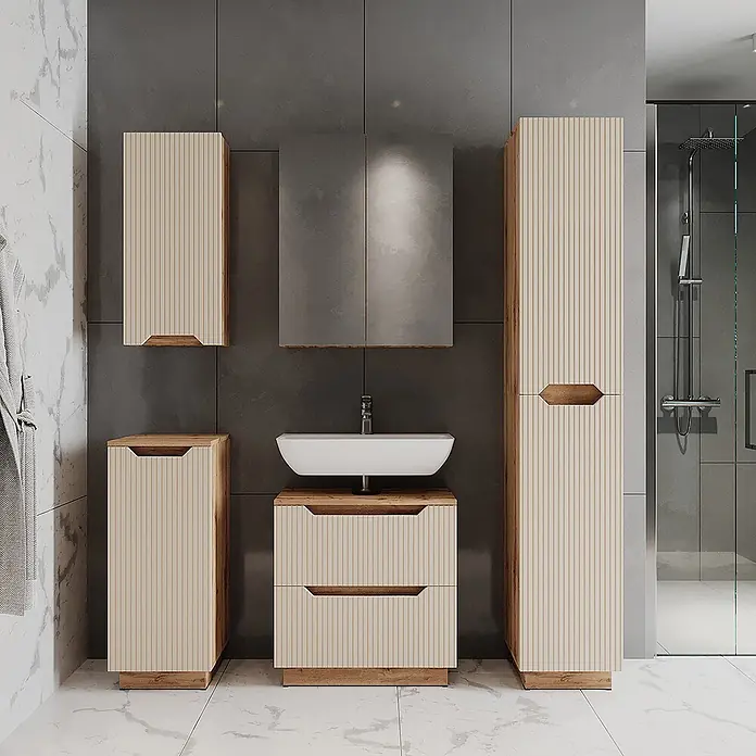 Vicco Badmöbel-Set Lotta Cashmere 2 Teile - Cashmere, Matt - Modernes Badmöbel-Set aus hellem, geriffeltem Holz mit Naturholz-Akzenten, inklusive Waschtisch, Wandschrank, Hochschrank und Unterschrank.
