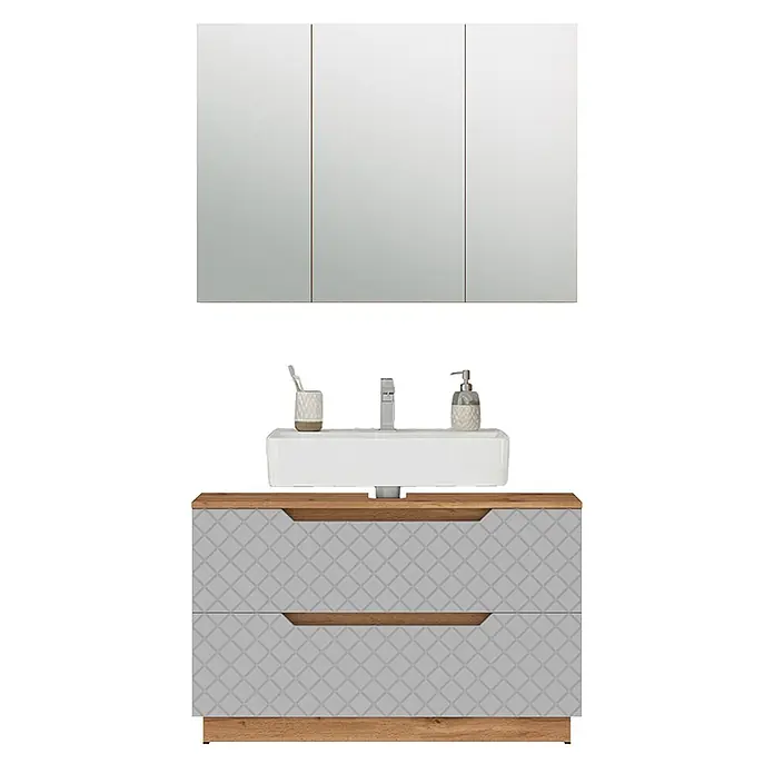 Vicco Badmöbel-Set Lotta Grau 2 Teile - Grau, Matt - Badezimmerset mit Spiegelschrank, weißem Waschbecken und zwei grauen gemusterten Schubladen mit Holzdetails.