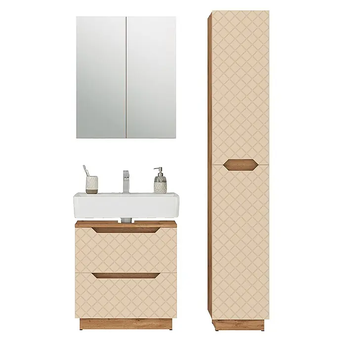 Vicco Badmöbel-Set Lotta Cashmere 3 Teile - Cashmere, Matt - Beige gemusterter Badezimmer-Waschtisch mit Waschbecken, Spiegelschrank und hohem Schrank mit Holzdetails.