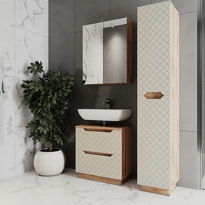 Vicco Badmöbel-Set Lotta Cashmere 3 Teile - Cashmere, Matt - Modernes Badezimmermöbelset aus hellem Holz mit gemusterten cremefarbenen Fronten, Waschtischunterschrank, hohem Badschrank und Spiegelschrank.