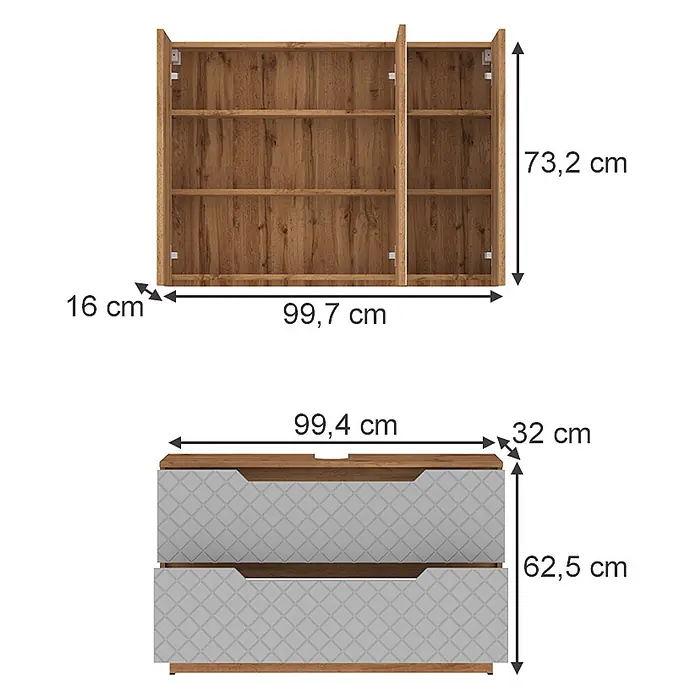 Vicco Badmöbel-Set Lotta Grau 2 Teile - Grau, Matt - Braunes Holzmaserung-Wandregal mit mehreren Fächern, kombiniert mit einer Kommode mit zwei grauen gemusterten Schubladen.