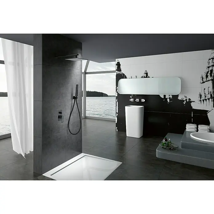 Imex Suecia Sistema de ducha empotrado - Con grifo monomando, Negro - Diseño elegante de baño con ducha moderna, lavabo independiente y bañera elegante frente a una vista panorámica.
