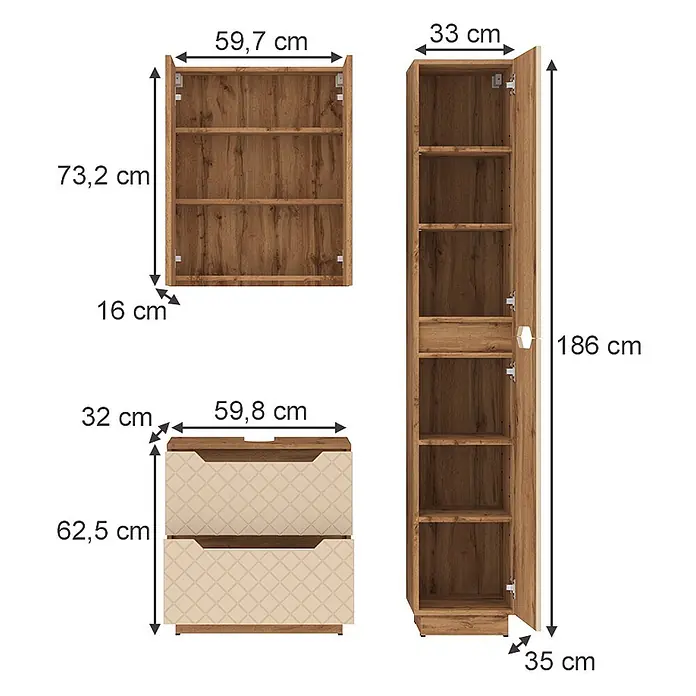 Vicco Badmöbel-Set Lotta Cashmere 3 Teile - Cashmere, Matt - Set aus drei braun-beigen Holzmöbeln: Wandregal, Hochschrank und Kommode mit zwei Schubladen, mit Maßen.