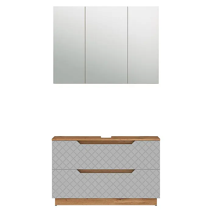 Vicco Badmöbel-Set Lotta Grau 2 Teile - Grau, Matt - Dreitüriger Spiegelschrank und Waschtischunterschrank mit zwei Schubladen, hellgrauen gemusterten Fronten und Holzdetails.