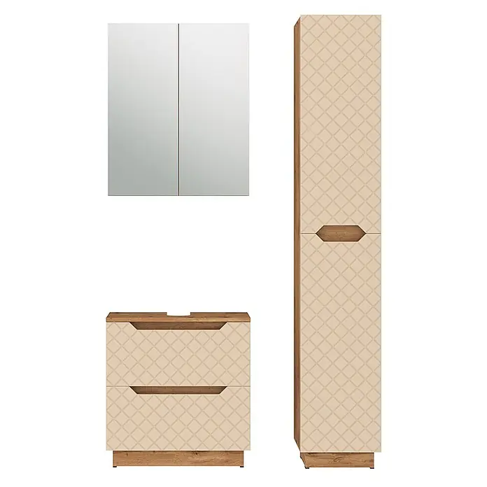Vicco Badmöbel-Set Lotta Cashmere 3 Teile - Cashmere, Matt - Badezimmermöbel-Set: Spiegelschrank, Waschtischunterschrank mit 2 Schubladen und Hochschrank in Hellbeige mit Rautenmuster und Holzapplikationen.