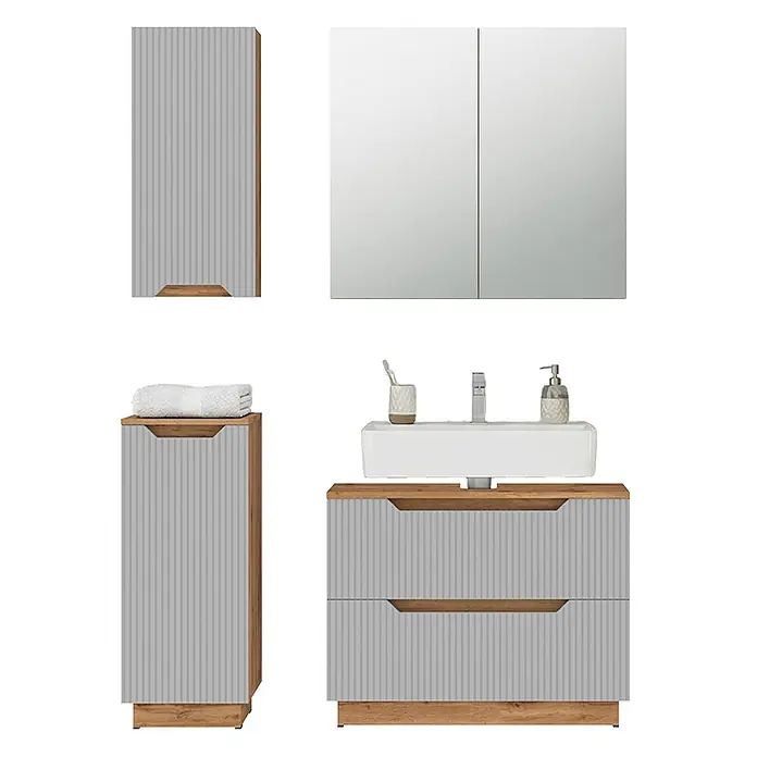 Vicco Badmöbel-Set Lotta Grau 4 Teile - Grau, Matt - Modernes Badezimmermöbel-Set mit Waschtischunterschrank, Hochschrank, Beistellschrank und Spiegelschrank, mit gerippten grauen Fronten und Holzdetails.