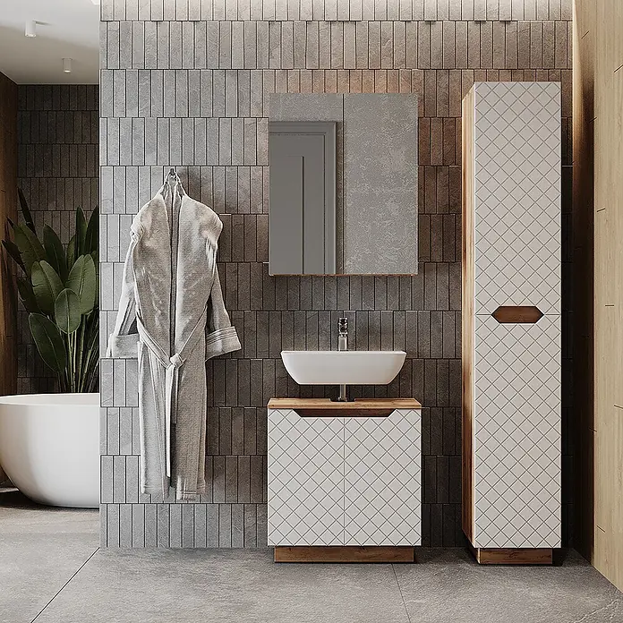 Vicco Badmöbel-Set Lotta Weiß 3 Teile - Weiß, Matt - Moderner Badunterschrank mit weißem Aufsatzwaschbecken und passendem Hochschrank, beide weiß mit Rautenmuster und Holzdetails.