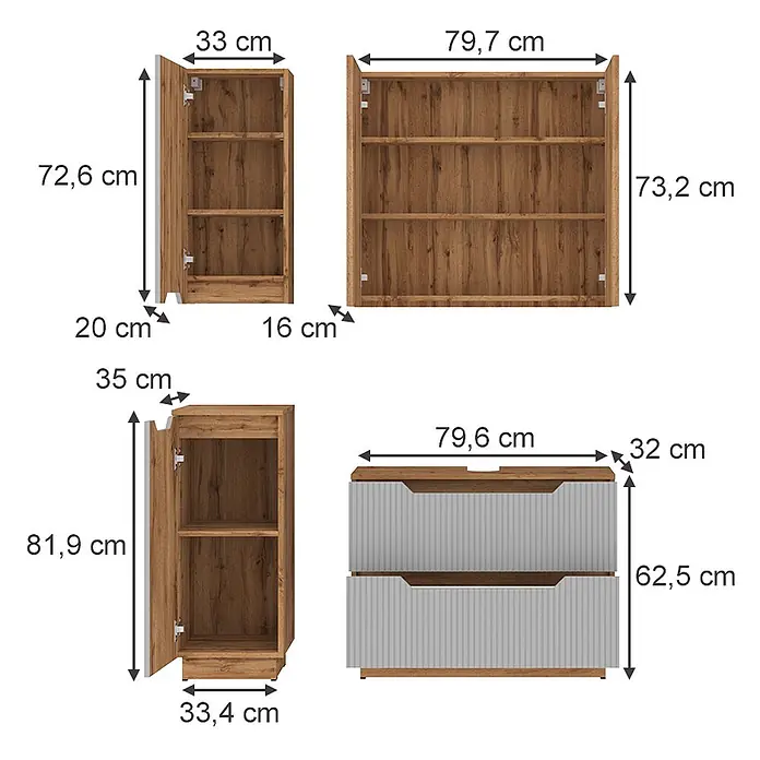 Vicco Badmöbel-Set Lotta Grau 4 Teile - Grau, Matt - Vier Möbelstücke in Holzoptik und Grau (Schränke, Schubladen) mit detaillierten Maßen für Höhe, Breite und Tiefe.