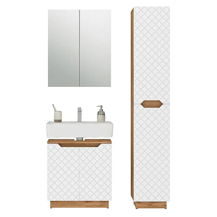 Vicco Badmöbel-Set Lotta Weiß 3 Teile - Weiß, Matt - Weißes Badmöbelset mit geometrischem Muster: Spiegelschrank, Waschtisch mit Holzablage und Hochschrank mit Holzdetails.