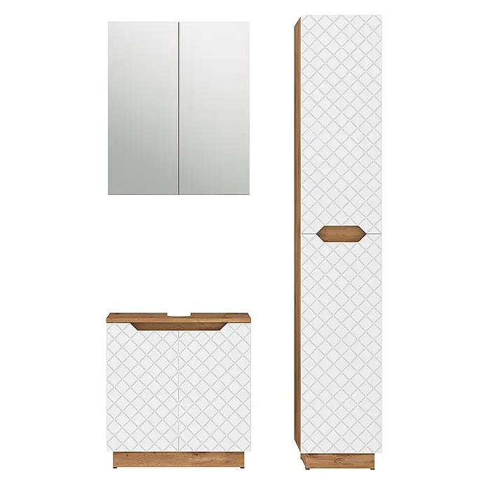 Vicco Badmöbel-Set Lotta Weiß 3 Teile - Weiß, Matt - Weißes Badezimmerschrank-Set mit Holzdetails und geometrischem Muster, inkl. Spiegelschrank, Waschtisch und Hochschrank.