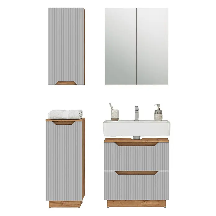 Vicco Badmöbel-Set Lotta Grau 4 Teile - Grau, Matt - Modernes Badezimmermöbel-Set mit hellgrauen geriffelten Fronten, Akzenten aus Natureiche und einem weißen Keramikwaschbecken.