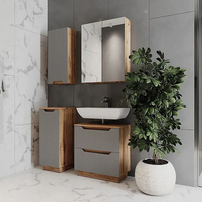 Vicco Badmöbel-Set Lotta Grau 4 Teile - Grau, Matt - Modernes Badmöbelset mit Holz- und grauen Rippenschränken, Spiegel und Waschbecken.