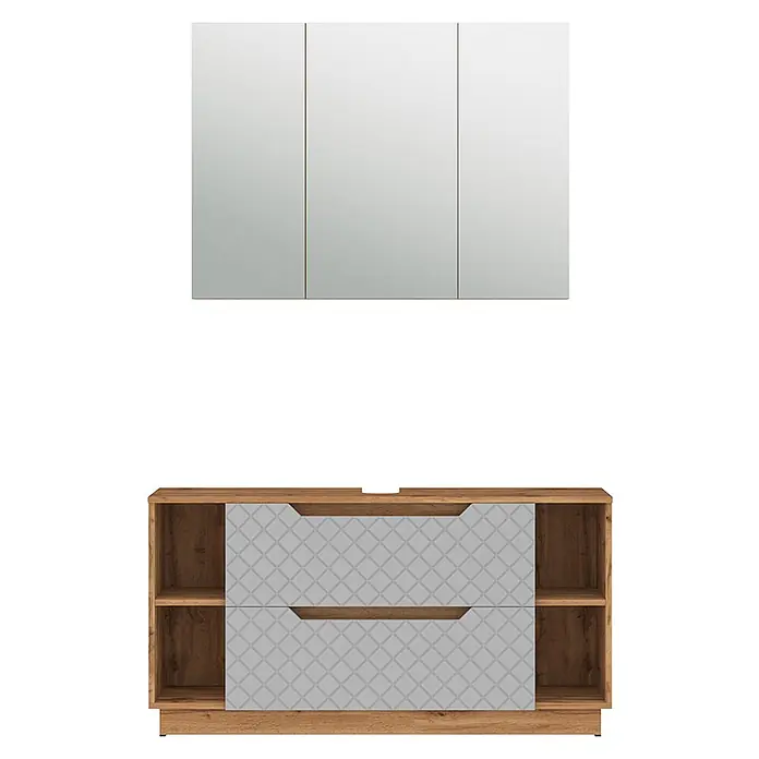 Vicco Badmöbel-Set Lotta Grau 2 Teile - Grau, Matt - Dreitüriger Spiegelschrank und Holzwaschtisch mit hellgrauen gemusterten Schubladen und offenen Regalen.