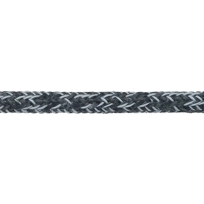 Robline Cuerda multiusos por metros Coppa 5000 - Diámetro: 5,5 mm, Poliéster, Blanco/Azul/Negro - Primer plano de una cuerda trenzada gris con detalles blancos, resaltando su robusta textura y la artesanía detallada.