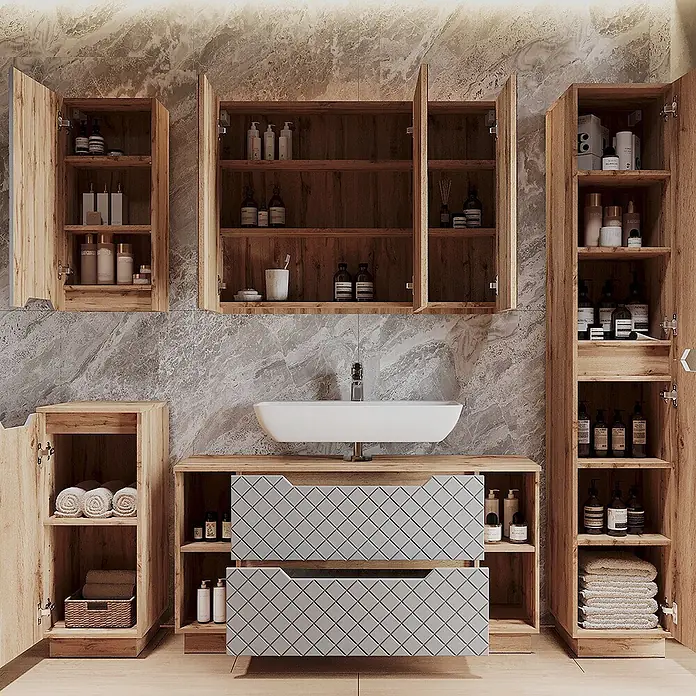 Vicco Badmöbel-Set Lotta Grau 2 Teile - Grau, Matt - Badezimmermöbel-Set aus rustikalem Holz mit weißem Aufsatzwaschbecken, grauen Schubladen und vielen Staufächern.