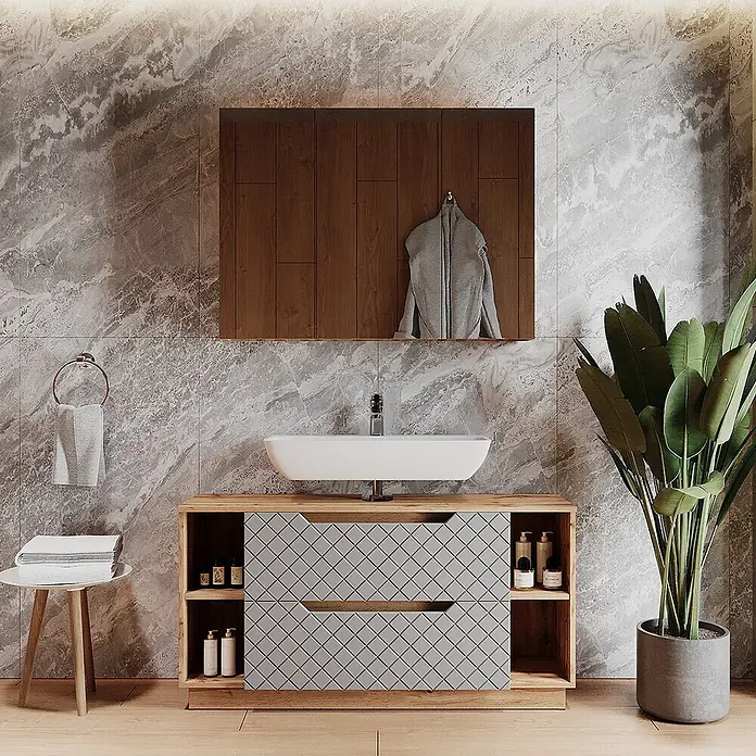 Vicco Badmöbel-Set Lotta Grau 2 Teile - Grau, Matt - Moderner Badschrank mit Holzrahmen, grauen Rauten-Schubladen und einem weißen Aufsatzwaschbecken.