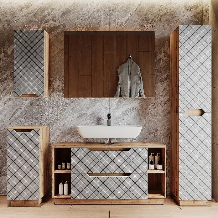 Vicco Badmöbel-Set Lotta Grau 2 Teile - Grau, Matt - Moderne Badezimmer-Waschtisch und passende Schränke aus hellem Holz und grauen Paneelen mit Rautenmuster, inklusive weißem Aufsatzwaschbecken.