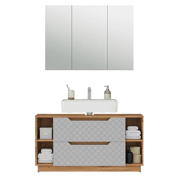 Vicco Badmöbel-Set Lotta Grau 2 Teile - Grau, Matt - Hölzerner Badezimmerschrank mit grauen gemusterten Schubladen, weißem Waschbecken und einem dreitürigen Spiegelschrank.
