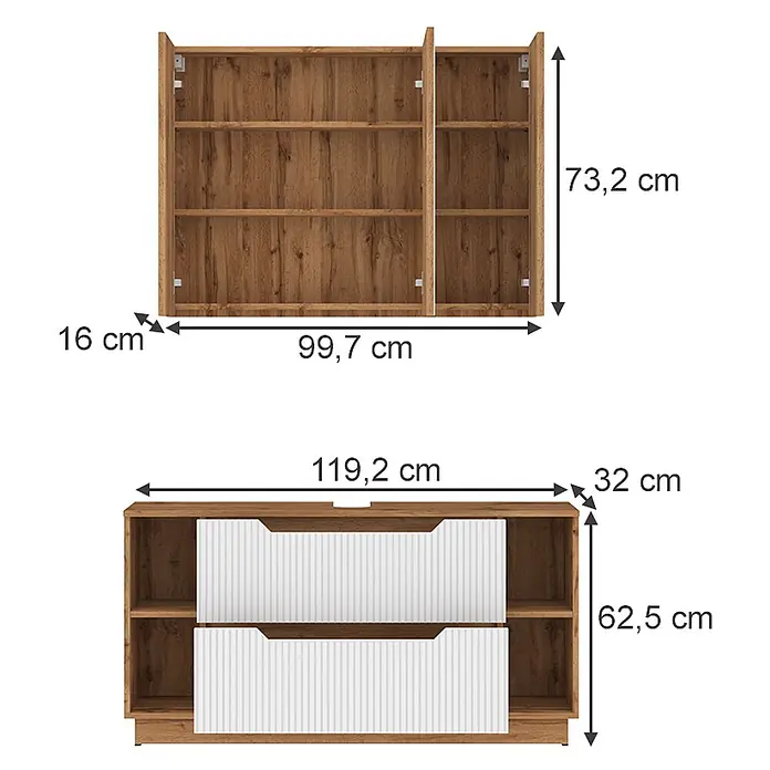 Vicco Badmöbel-Set Lotta Weiß 2 Teile - Weiß, Matt - Holzregal und TV-Schrank mit weißen geriffelten Schubladen und offenem Stauraum, Maße angezeigt.