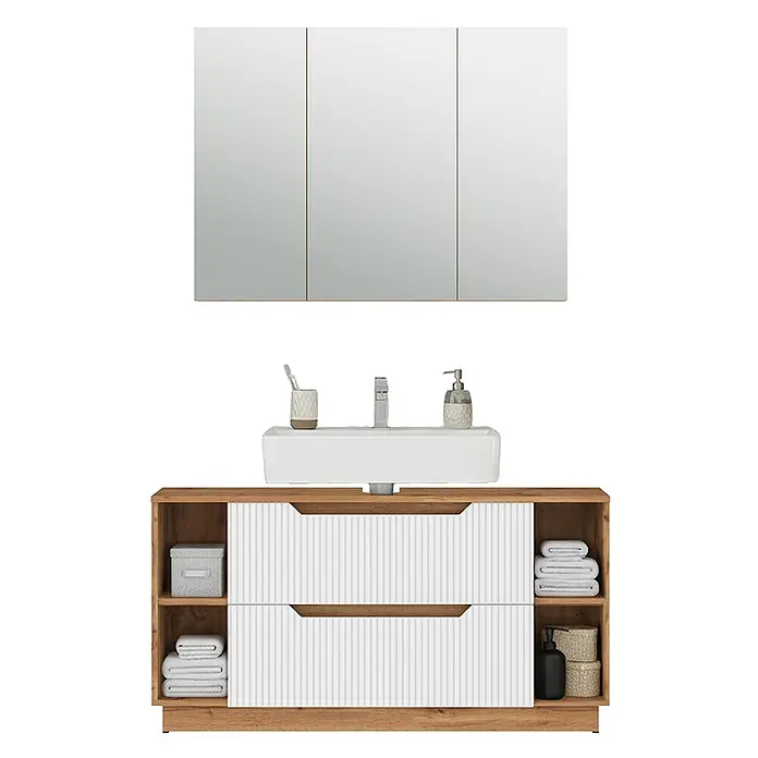 Vicco Badmöbel-Set Lotta Weiß 2 Teile - Weiß, Matt - Moderner Badezimmer-Waschtischunterschrank aus Holz mit weißen, geriffelten Schubladen, weißem Waschbecken und Spiegelschrank.
