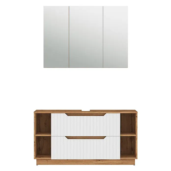 Vicco Badmöbel-Set Lotta Weiß 2 Teile - Weiß, Matt - Badezimmermöbel-Set: ein dreitüriger Spiegelschrank über einem Holzoptik-Waschtischunterschrank mit weißen geriffelten Schubladenfronten und offenen Regalen.