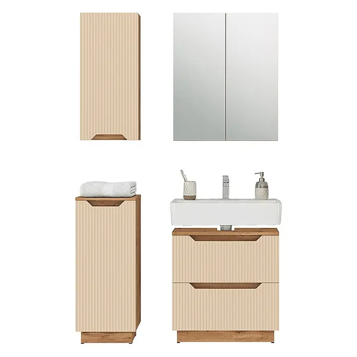 Vicco Badmöbel-Set Lotta Cashmere 4 Teile - Cashmere, Matt - Beige geriffelte Badmöbel mit Holzakzenten, bestehend aus Wandschrank, Hochschrank, Waschtisch mit Waschbecken und Spiegelschrank.