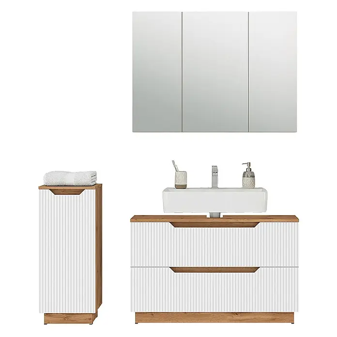 Vicco Badmöbel-Set Lotta Weiß 3 Teile - Weiß, Matt - Weißes geriffeltes Badmöbel-Set mit Holzdetails, passendem Hochschrank und dreifachem Spiegelschrank.