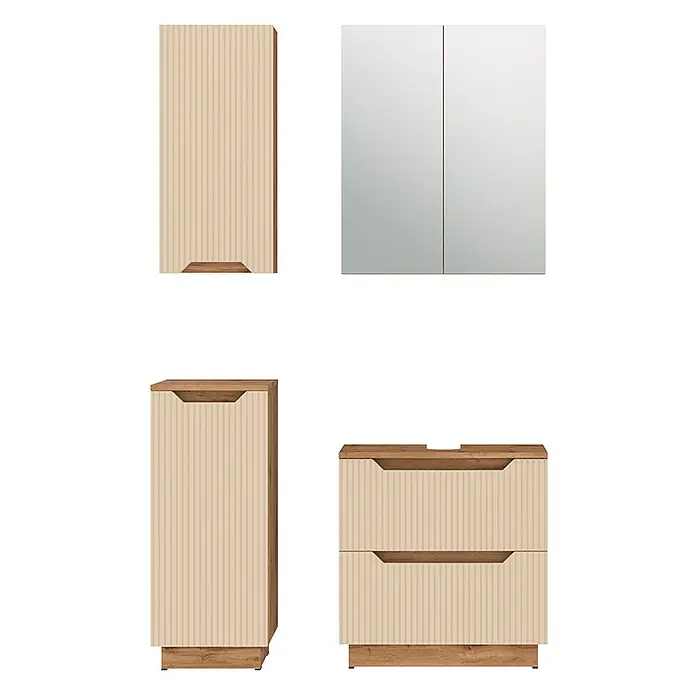 Vicco Badmöbel-Set Lotta Cashmere 4 Teile - Cashmere, Matt - Helles beiges Badmöbel-Set mit vertikal gerillten Fronten und Holz-Akzenten: Wand-, Stand- und Spiegelschränke.