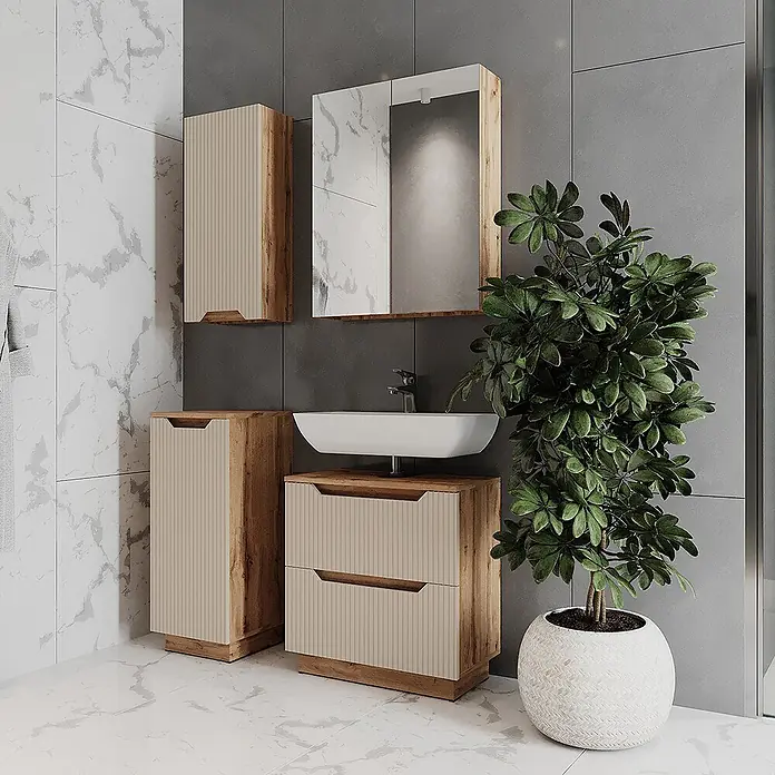 Vicco Badmöbel-Set Lotta Cashmere 4 Teile - Cashmere, Matt - Modernes Badmöbelset aus hellem Holz und beigefarbenen Rippenpaneelen, mit weißem Waschbecken, Spiegelschrank und Schränken.