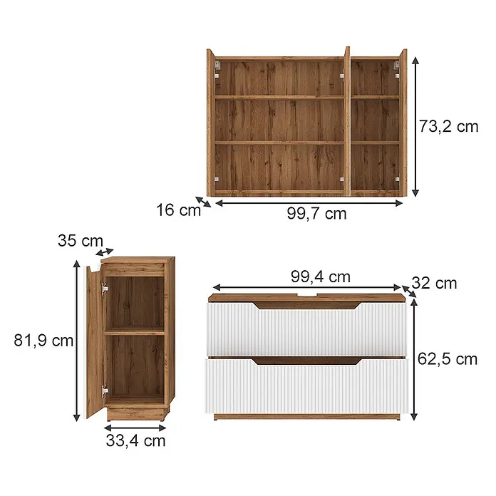 Vicco Badmöbel-Set Lotta Weiß 3 Teile - Weiß, Matt - Drei Möbelstücke aus Holz und Weiß: ein Wandregal, ein Hochschrank und eine Kommode mit zwei Schubladen, mit Maßen.