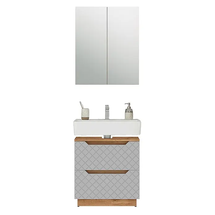 Vicco Badmöbel-Set Lotta Grau 2 Teile - Grau, Matt - Badezimmermöbel-Set mit Spiegelschrank. Enthält ein weißes Waschbecken, eine helle Holzplatte und einen grauen gemusterten Schrank mit Holzgriffen.