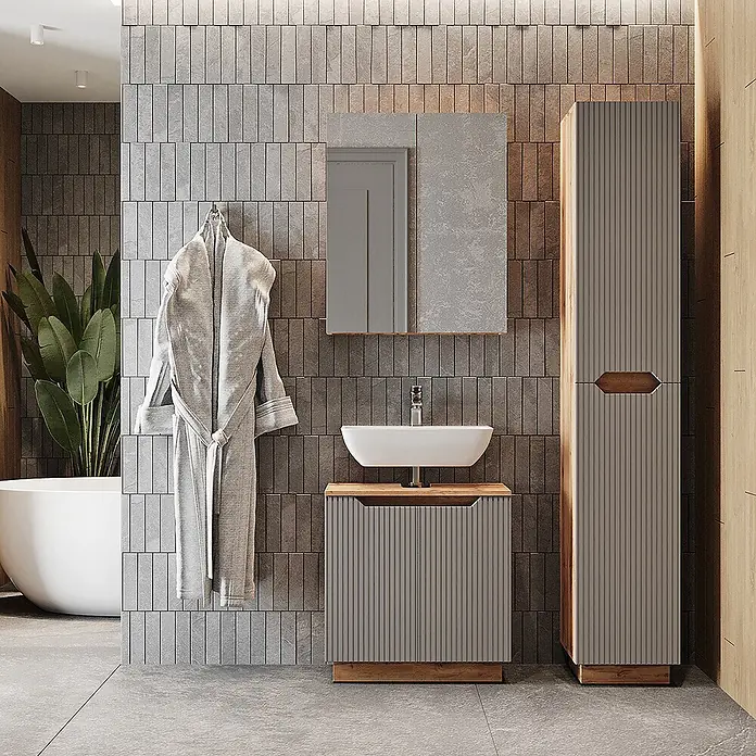 Vicco Badmöbel-Set Lotta Grau 3 Teile - Grau, Matt - Modernes graues geriffeltes Badmöbel mit Holzplatte und weißem Waschbecken, passendem Spiegel und hohem Schrank in einem stilvollen Bad.
